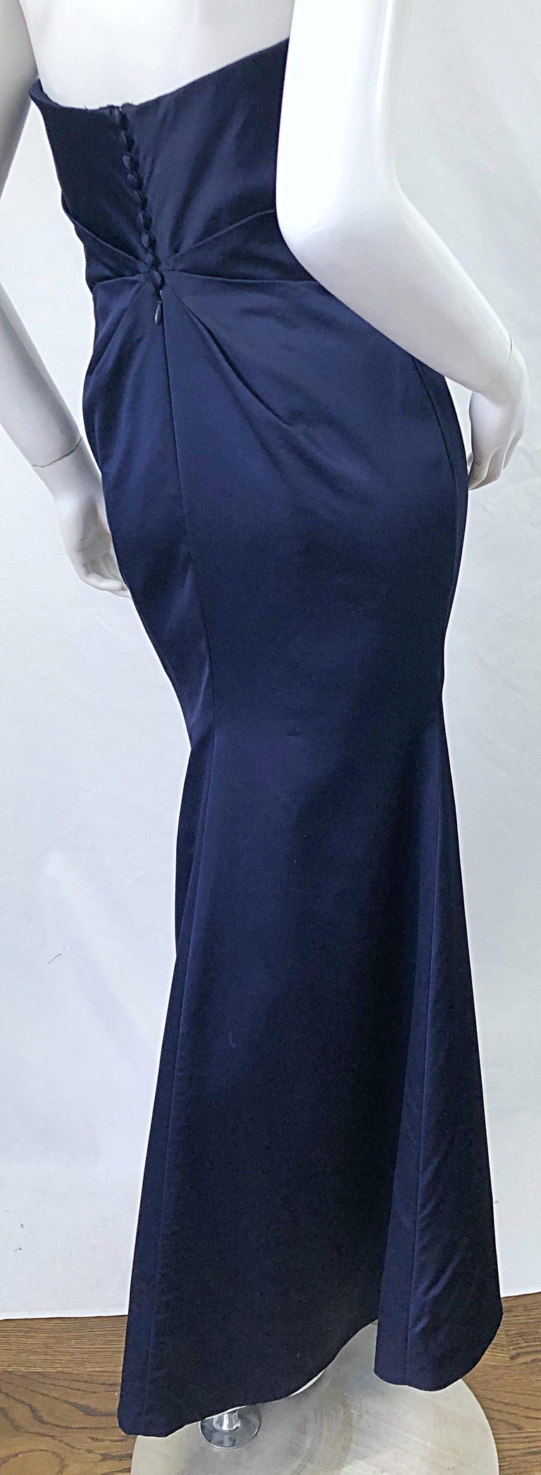 1990s Angel Sanchez Navy Blue Silk Vintage 90s Strapless Evening Gown Dress For Sale 8