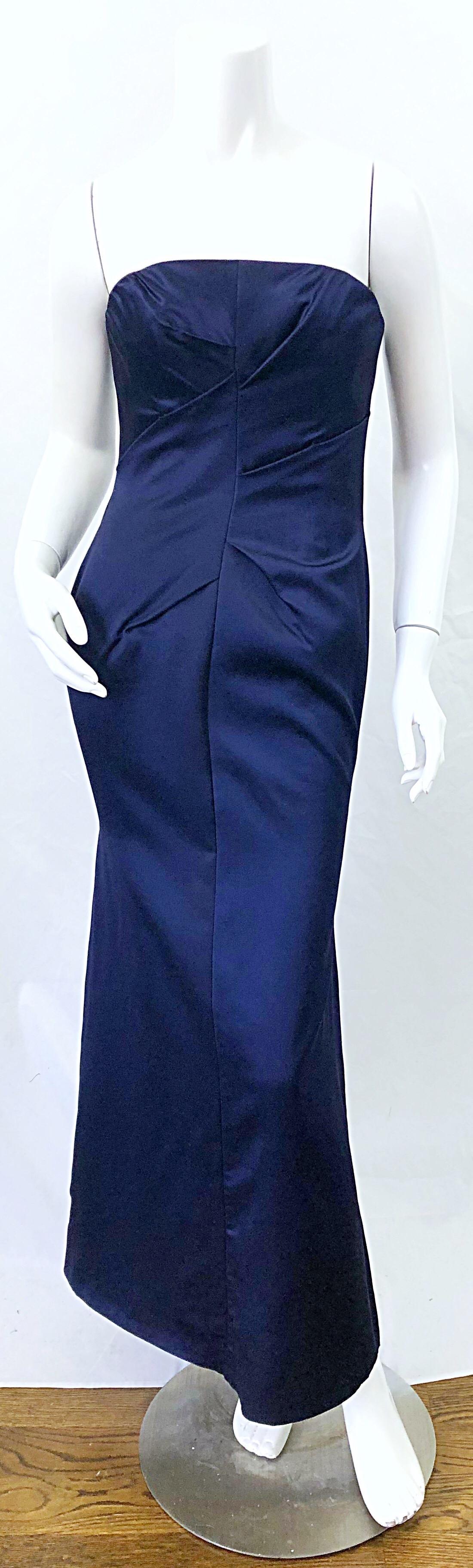 1990s Angel Sanchez Navy Blue Silk Vintage 90s Strapless Evening Gown Dress For Sale 6