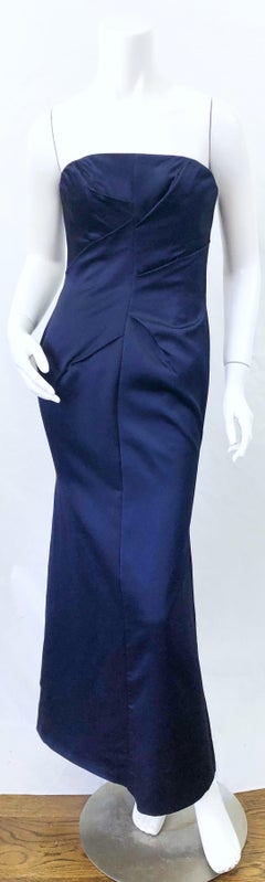 1990s Angel Sanchez Navy Blue Silk Vintage 90s Strapless Evening Gown Dress