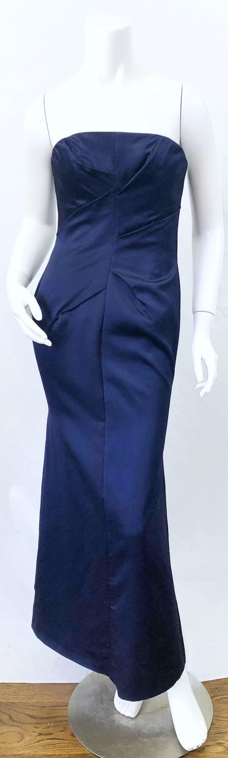 1990s Angel Sanchez Navy Blue Silk Vintage 90s Strapless Evening Gown Dress 1990s Angel Sanchez Navy Blue Silk Vintage 90s Strapless Evening Gown Dress