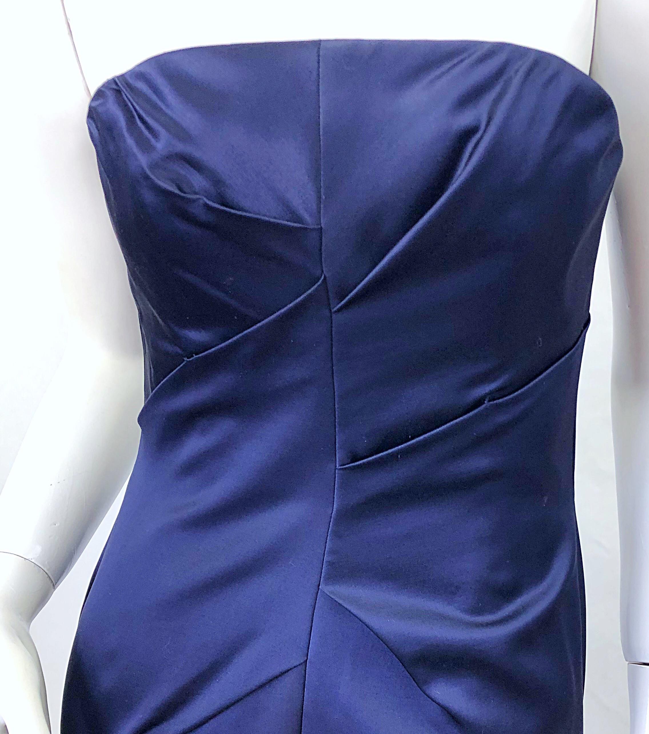 1990s Angel Sanchez Navy Blue Silk Vintage 90s Strapless Evening Gown Dress In Excellent Condition For Sale In San Diego, CA