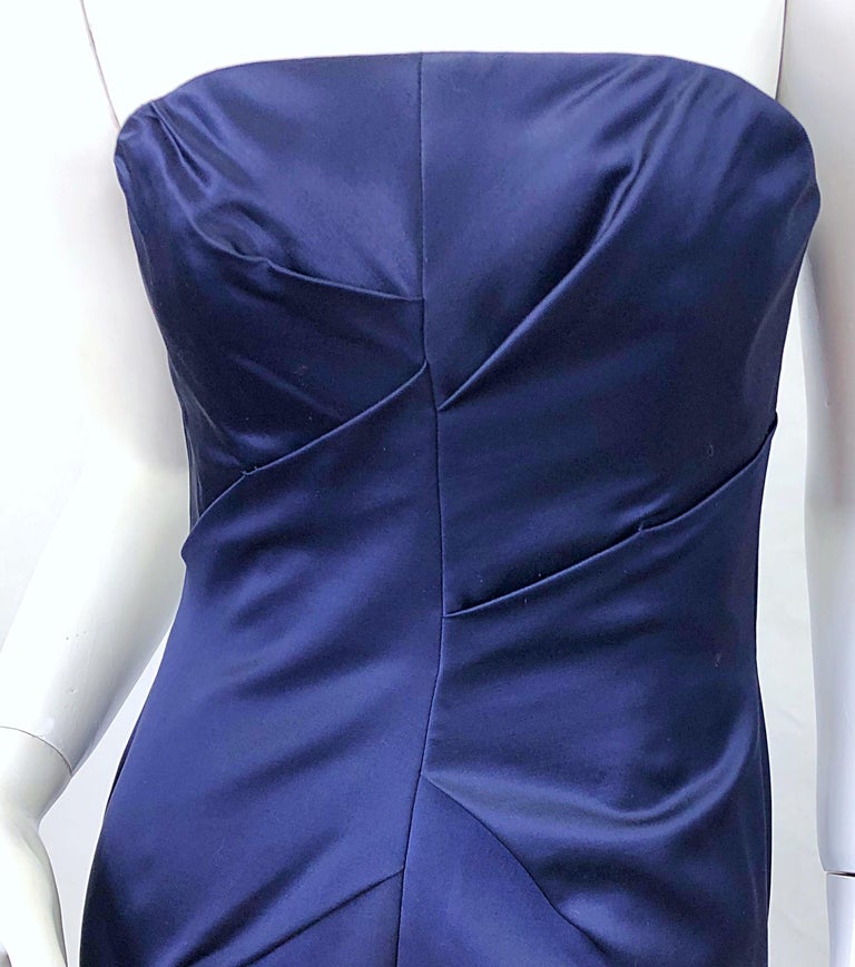 1990s Angel Sanchez Navy Blue Silk Vintage 90s Strapless Evening Gown Dress For Sale 2