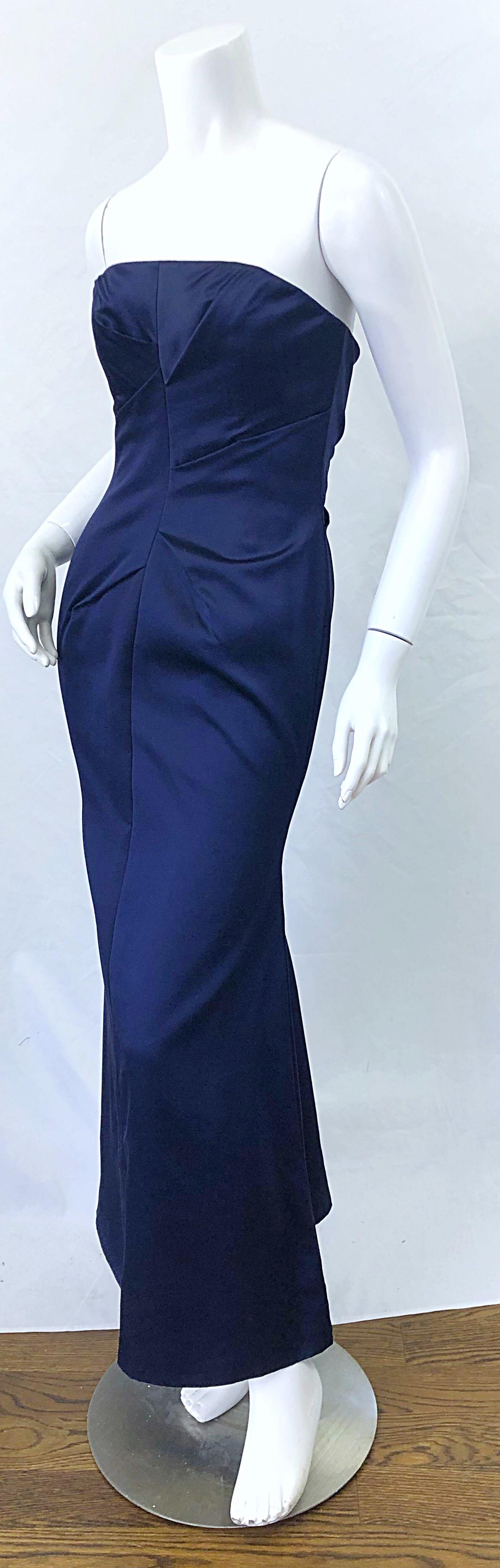 Women's 1990s Angel Sanchez Navy Blue Silk Vintage 90s Strapless Evening Gown Dress For Sale
