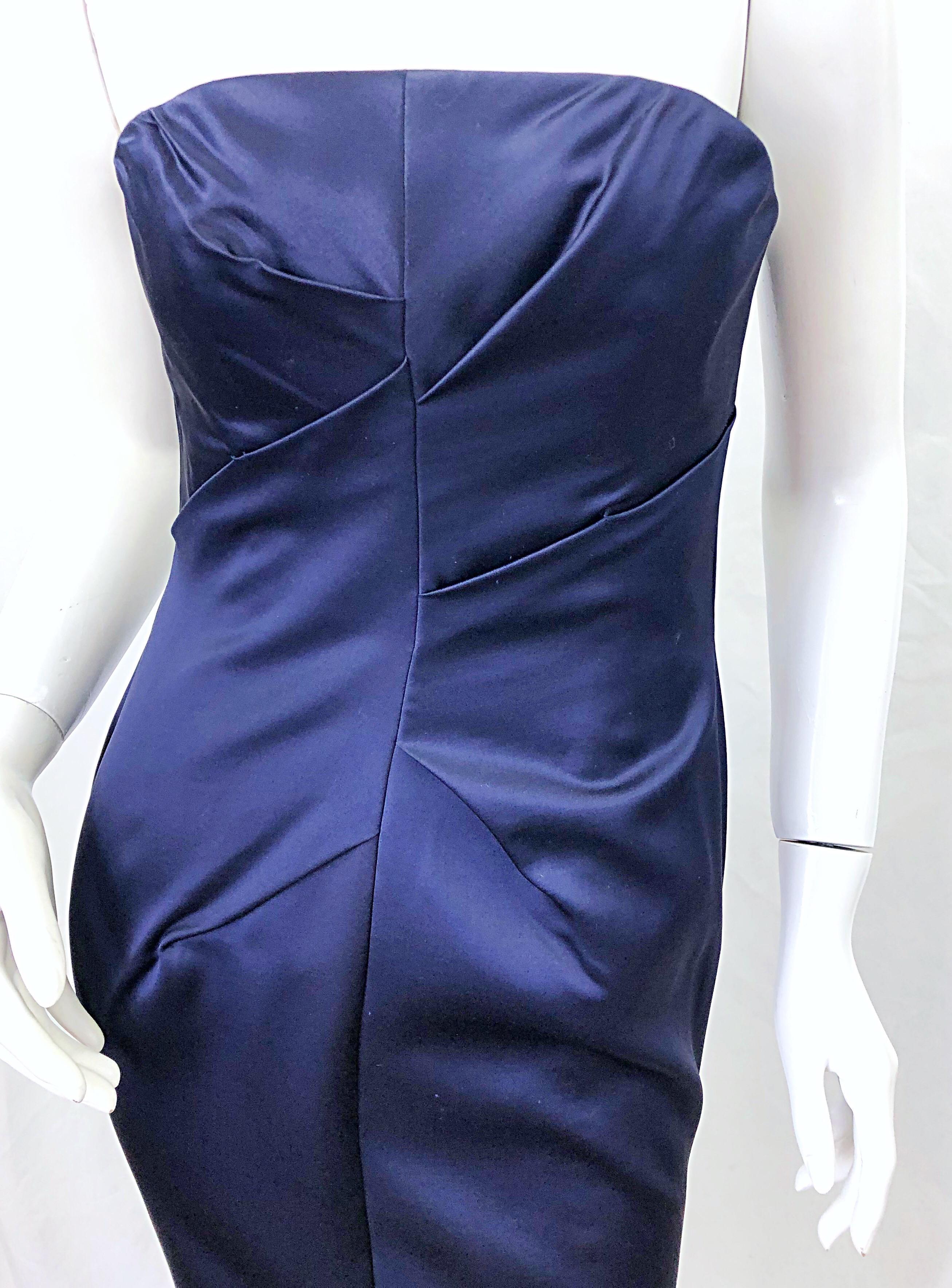 1990s Angel Sanchez Navy Blue Silk Vintage 90s Strapless Evening Gown Dress For Sale 1