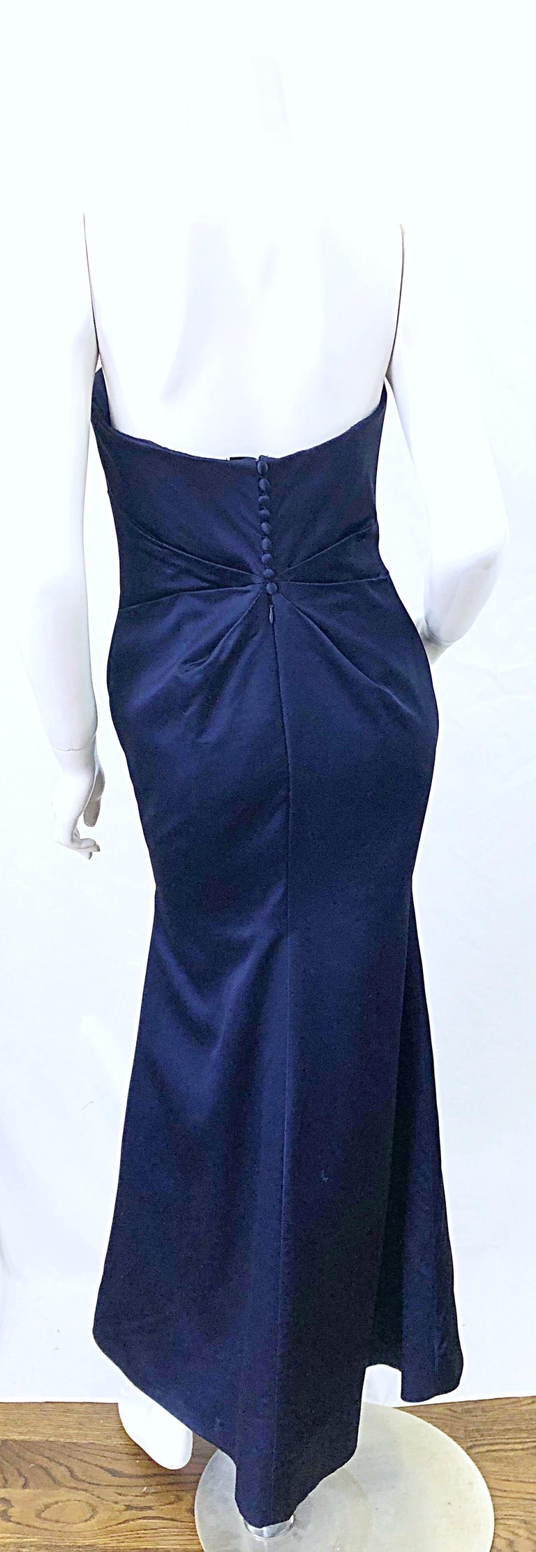 1990s Angel Sanchez Navy Blue Silk Vintage 90s Strapless Evening Gown Dress For Sale 5