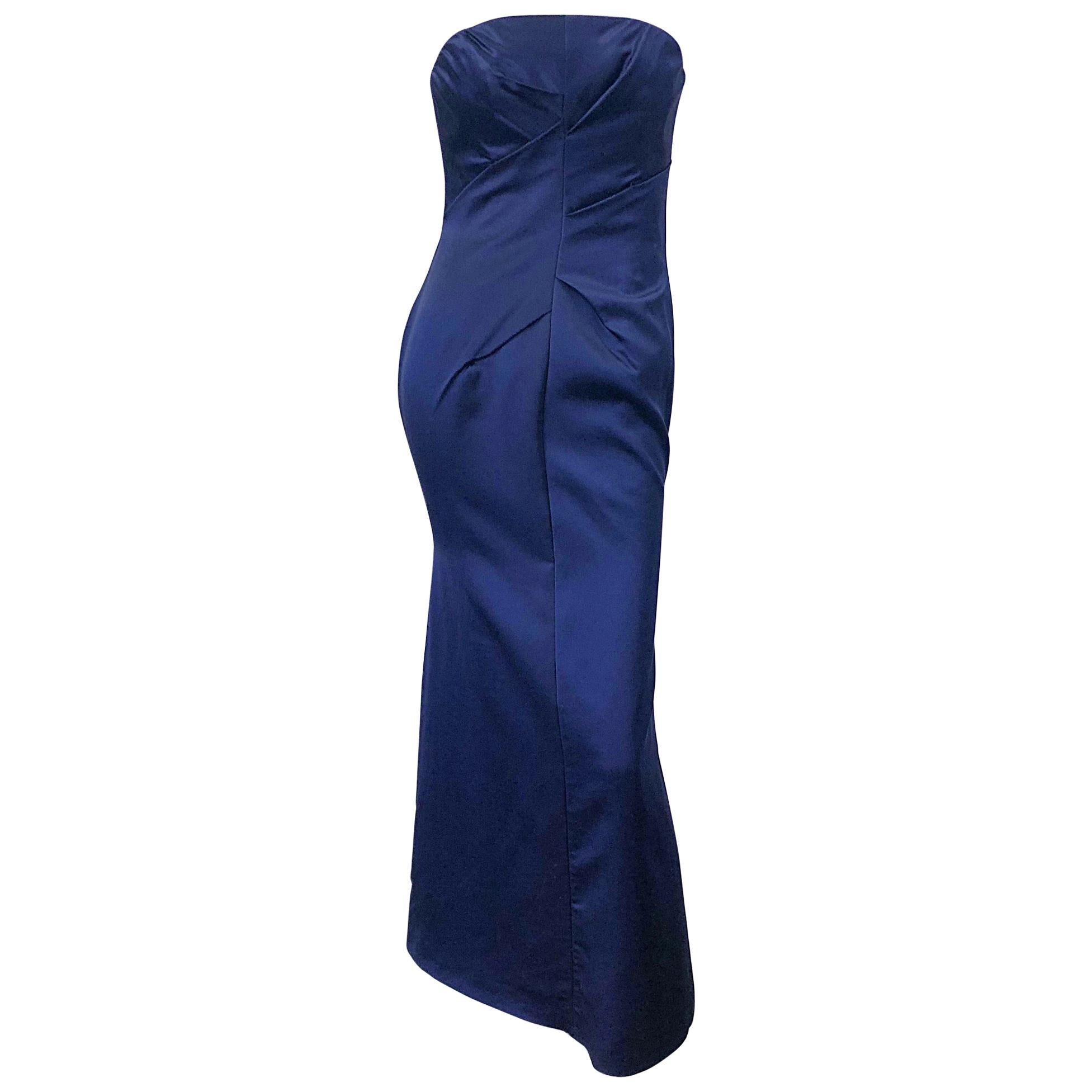 1990s Angel Sanchez Navy Blue Silk Vintage 90s Strapless Evening Gown Dress