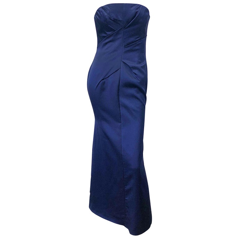 1990s Angel Sanchez Navy Blue Silk Vintage 90s Strapless Evening Gown Dress For Sale