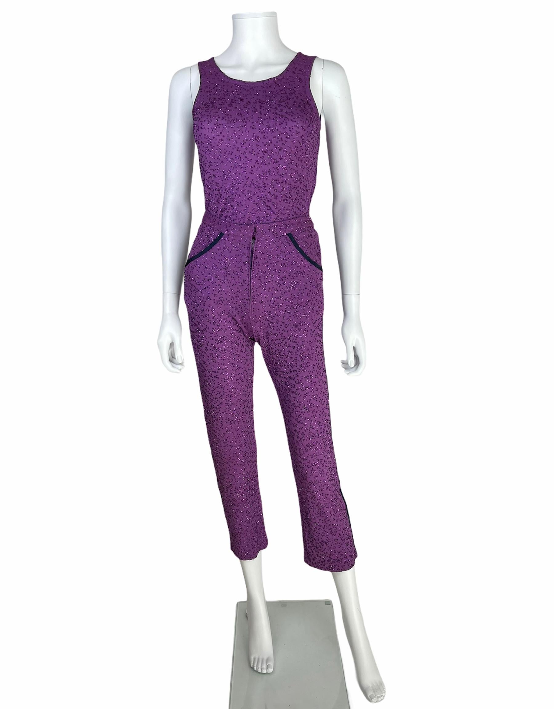 ANGELO TARLAZZI, Made in France circa 90's. 
Set of two purples pieces composed of a tank top and capri pants. 
Synthetic fibers with glitters everywhere. No lining. 
Sizes are quite small, I would recommend for XS (34/36 EU). Please see approx