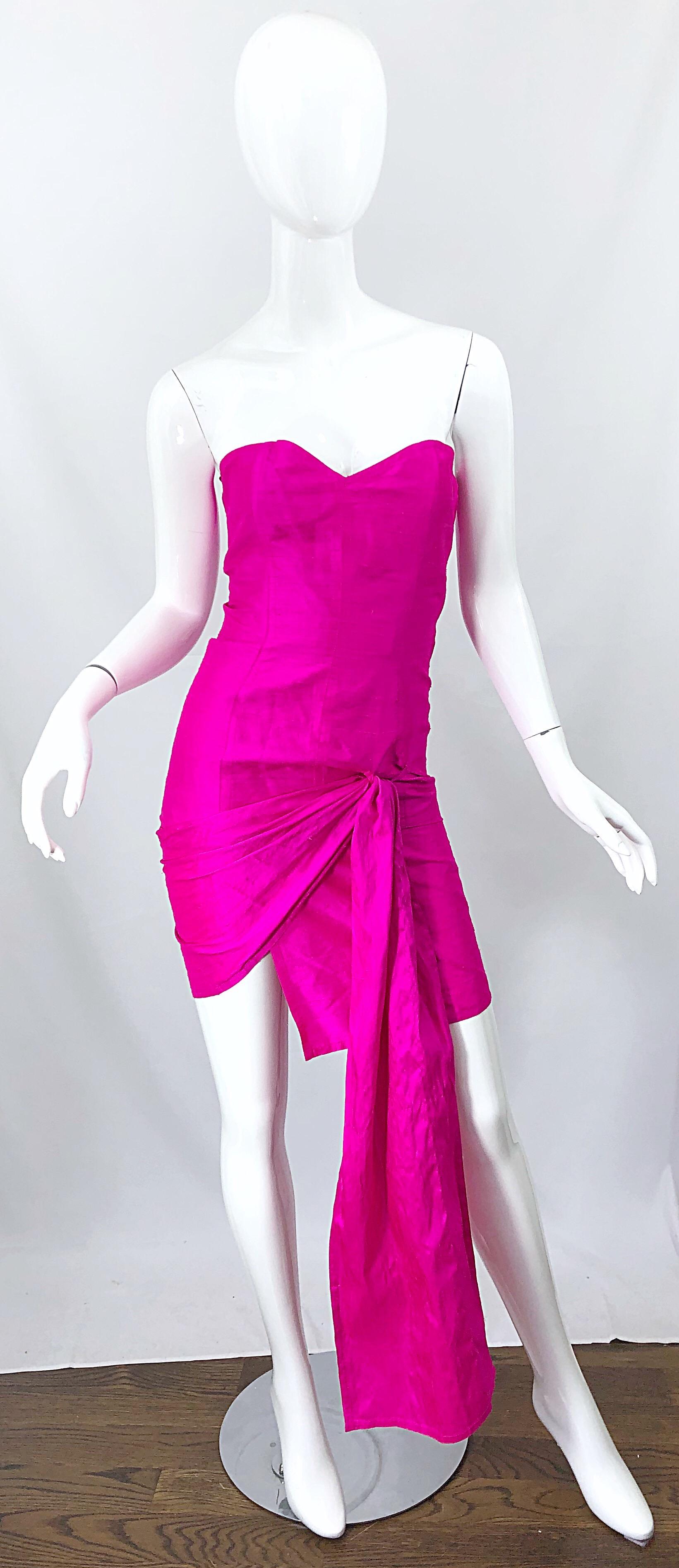 1980s Angelo Tarlazzi Shocking Hot Pink Avant Garde Silk Shantung Vintage Dress For Sale 6