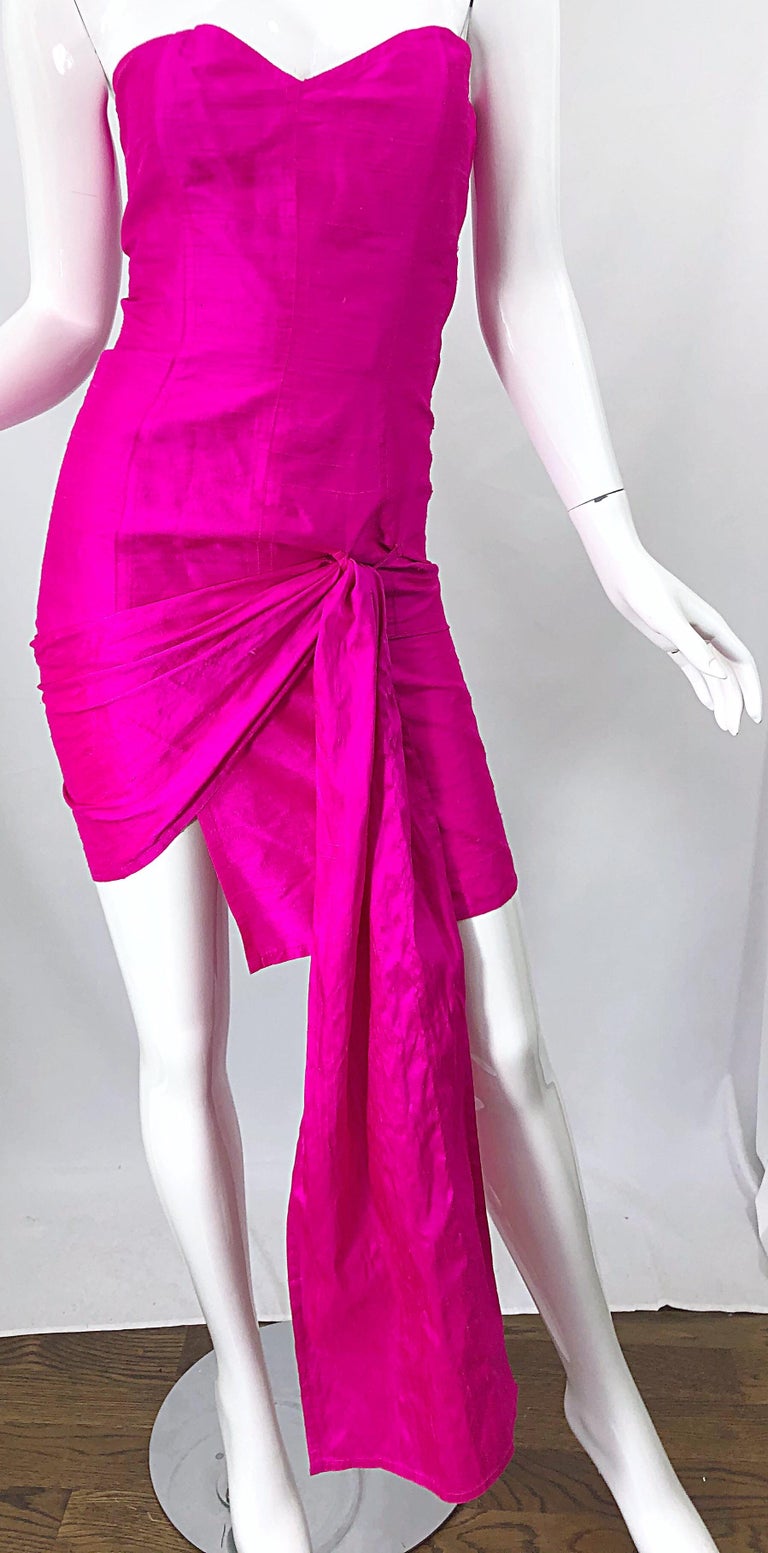 1980s Angelo Tarlazzi Shocking Hot Pink Avant Garde Silk Shantung Vintage Dress For Sale 4