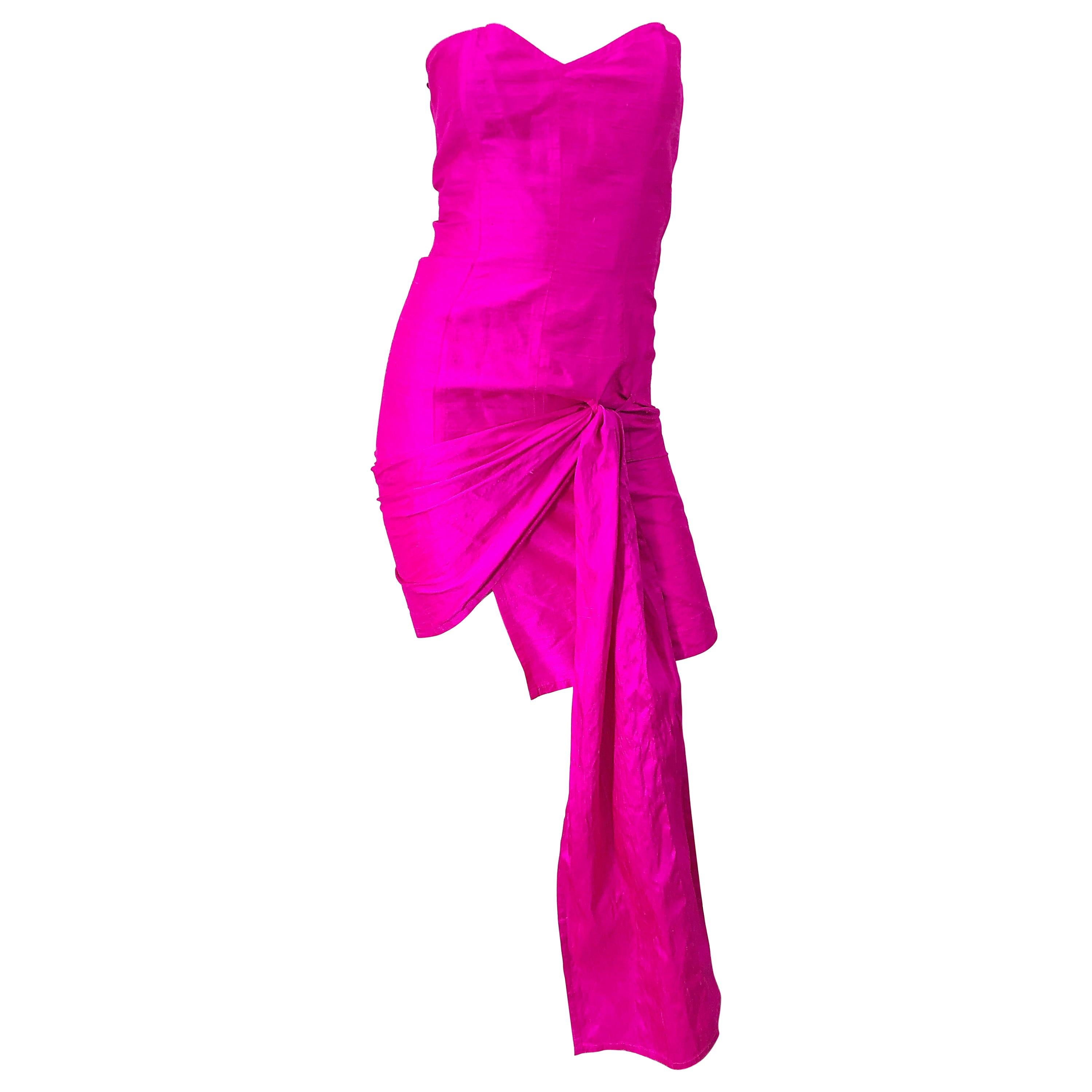 1980s Angelo Tarlazzi Shocking Hot Pink Avant Garde Silk Shantung Vintage Dress