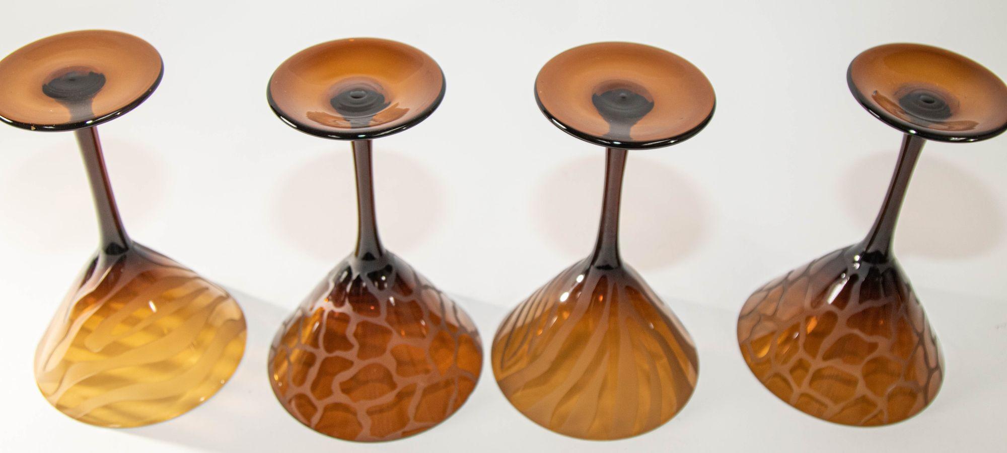 1990s Murano Martini Stemmed Glasses Vintage Etched Barware Set of 4 12