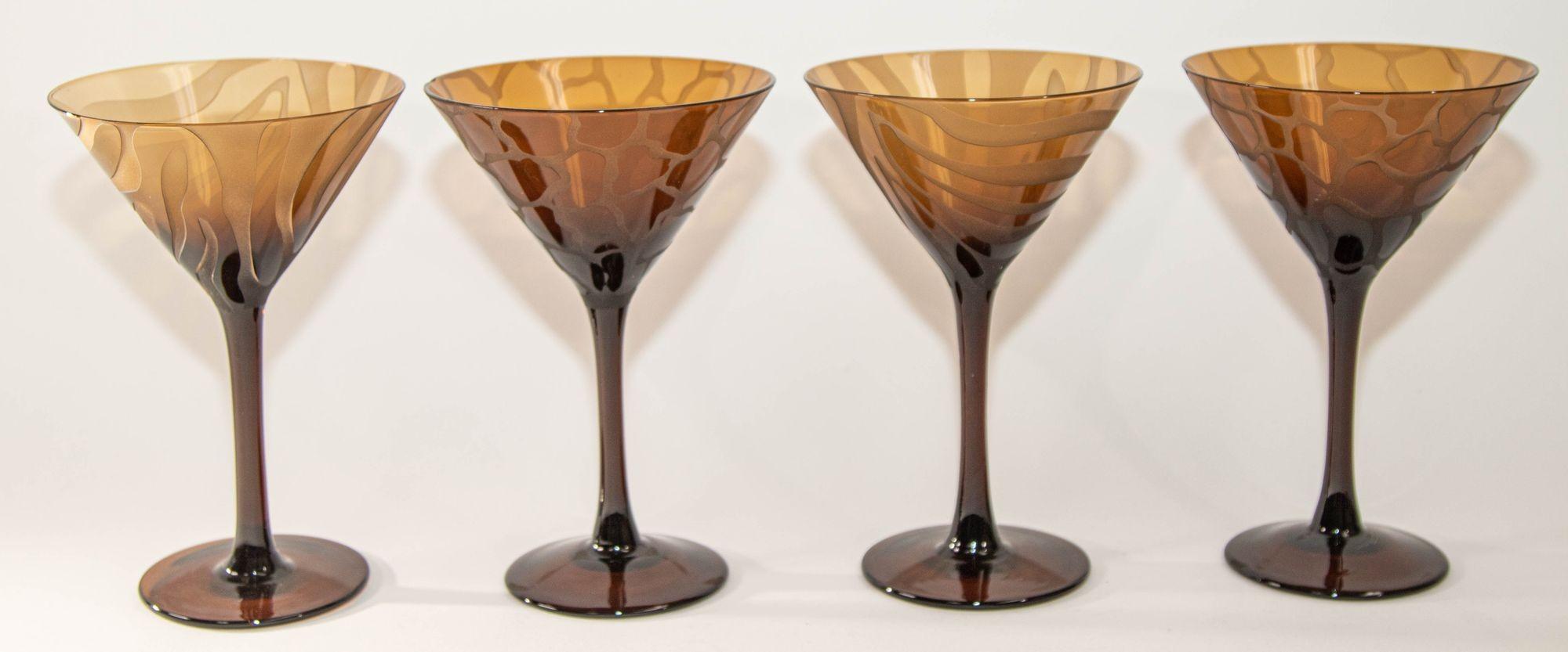 Post-Modern 1990s Murano Martini Stemmed Glasses Vintage Etched Barware Set of 4