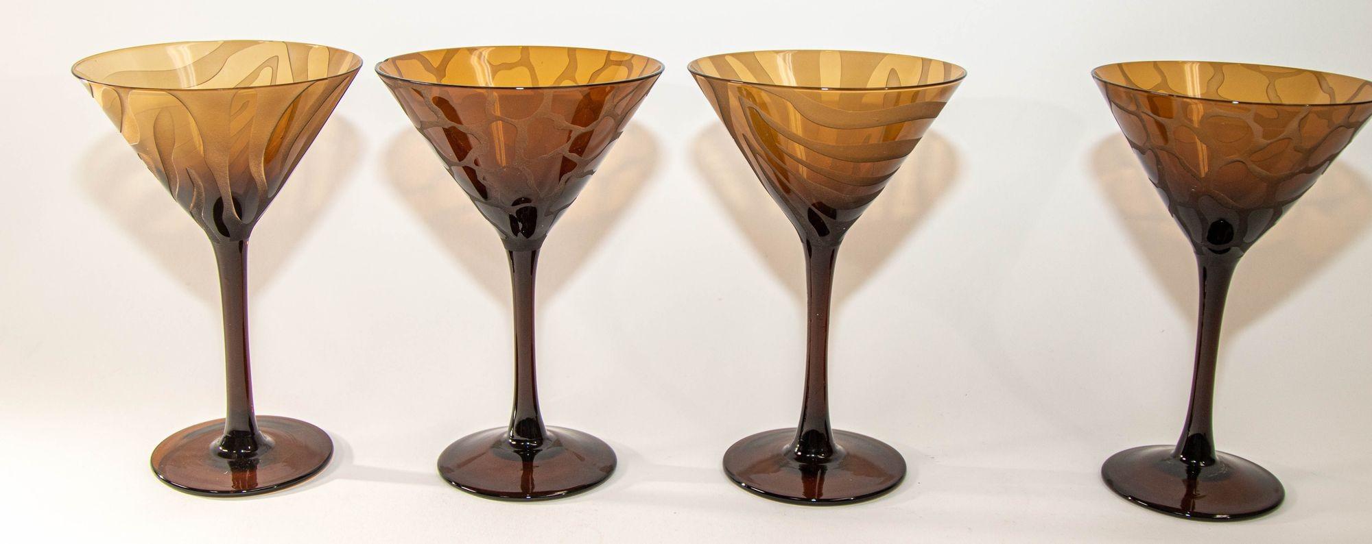 1990s Murano Martini Stemmed Glasses Vintage Etched Barware Set of 4 3