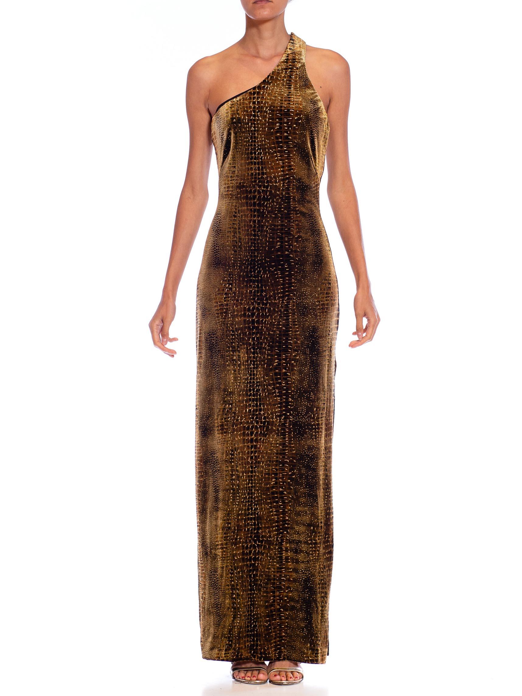 Brown 1990S Animal Print Poly/Lycra Velvet Sexy Cut-Out Gown With Slit