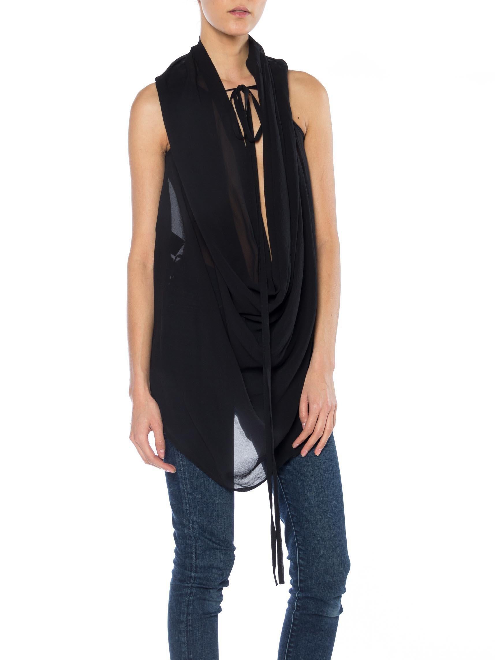 1990S ANN DEMEULEMEESTER Black Silk Chiffon Draped Tie Neck Top In Excellent Condition In New York, NY