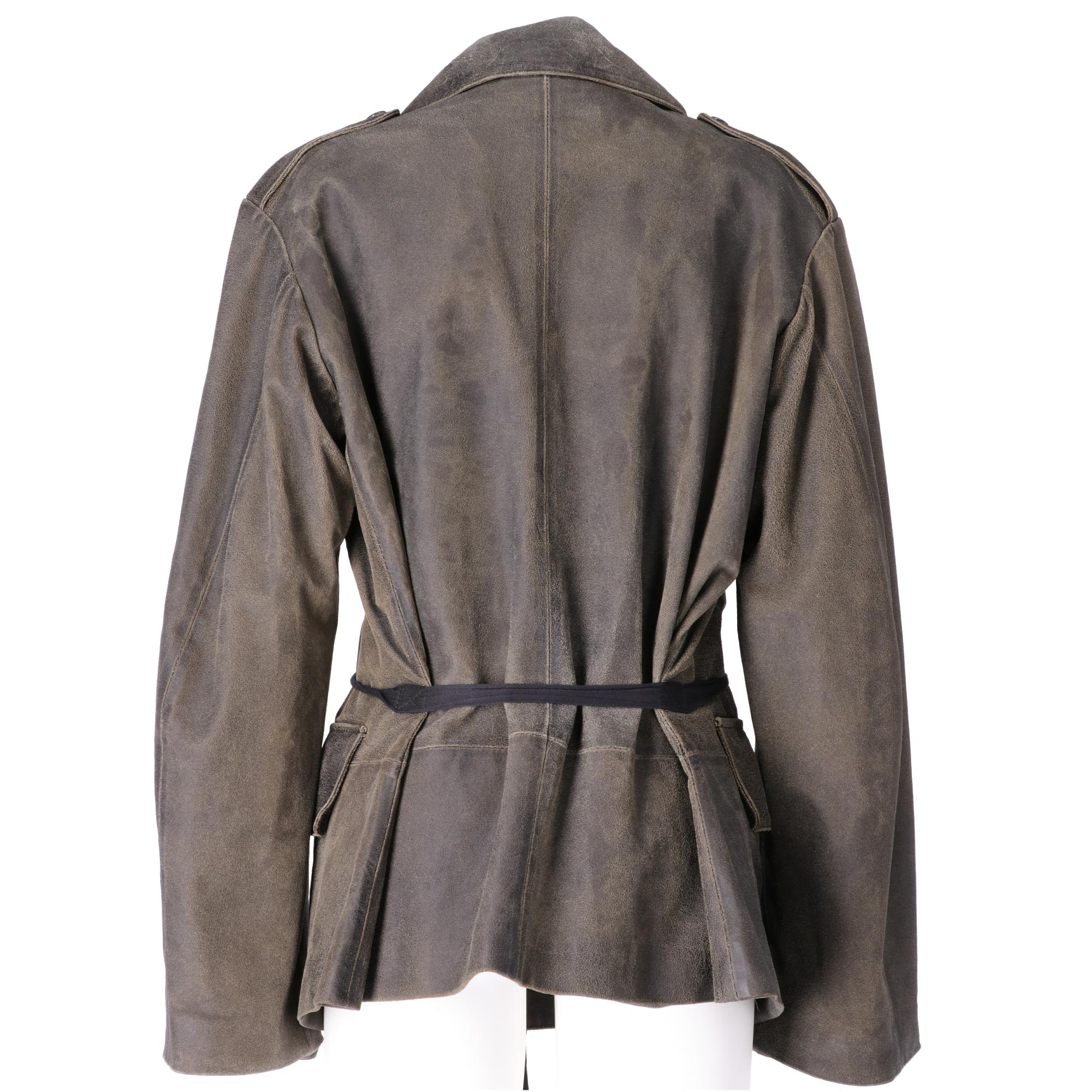 Ann Demeulemeester jacket, in leather subjected to an aging treatment, gray color, with classic lapels collar, shoulder straps with buttons, long sleeves, front double-breasted closure with black buttons, welt pockets with flap and button and cotton