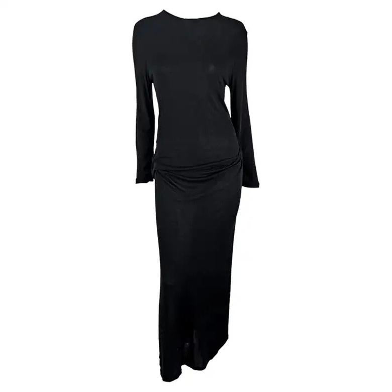 1990 Ann Demeulemeester Bata negra de manga larga drapeada con cintura semientallada