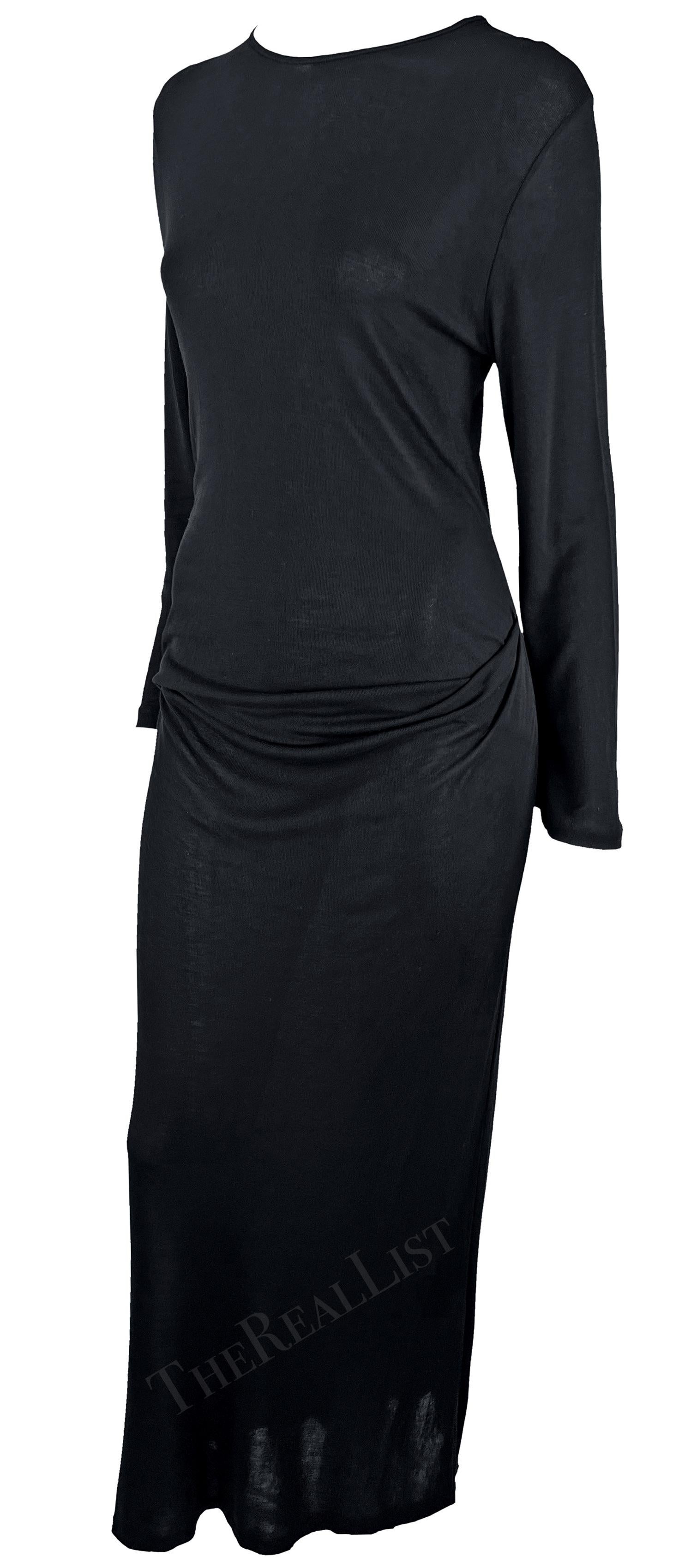 1990s Ann Demeulemeester Semi-Sheer Black Long Sleeve Draped Waist Gown  In Excellent Condition For Sale In West Hollywood, CA
