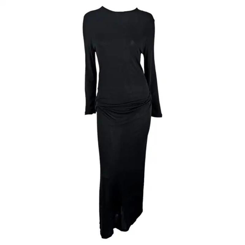 1990 Ann Demeulemeester Bata negra de manga larga drapeada con cintura semientallada