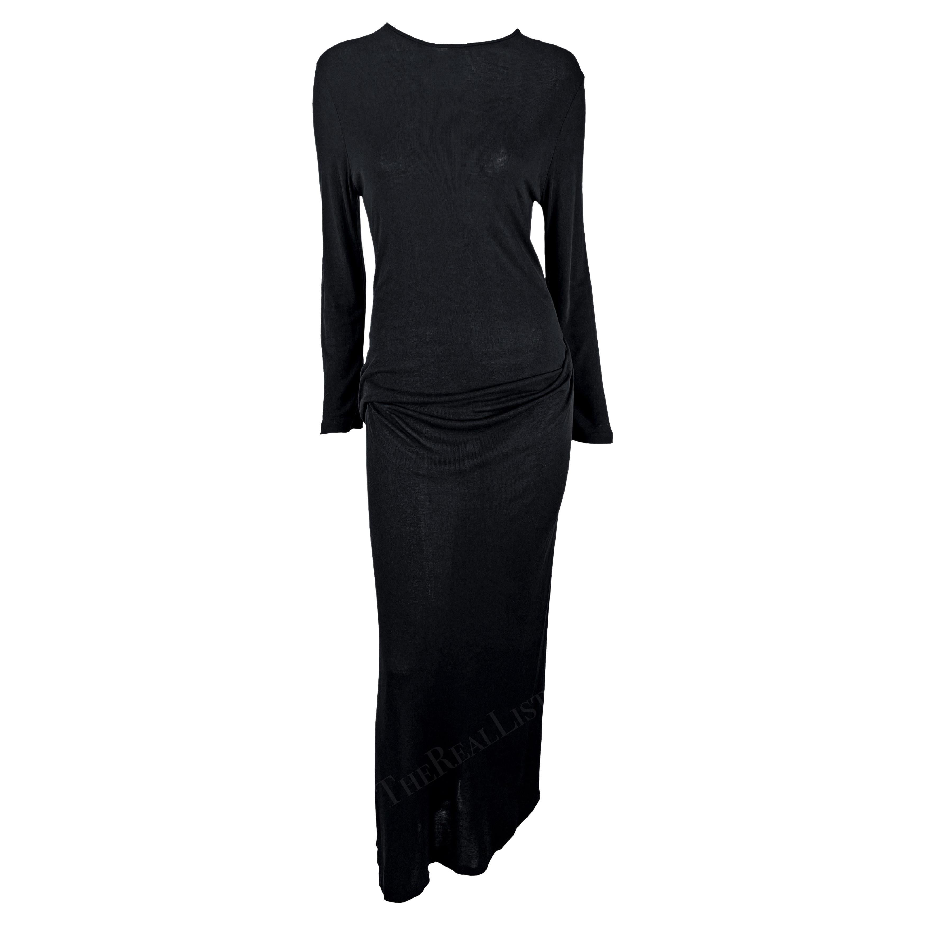 1990s Ann Demeulemeester Semi-Sheer Black Long Sleeve Draped Waist Gown  For Sale