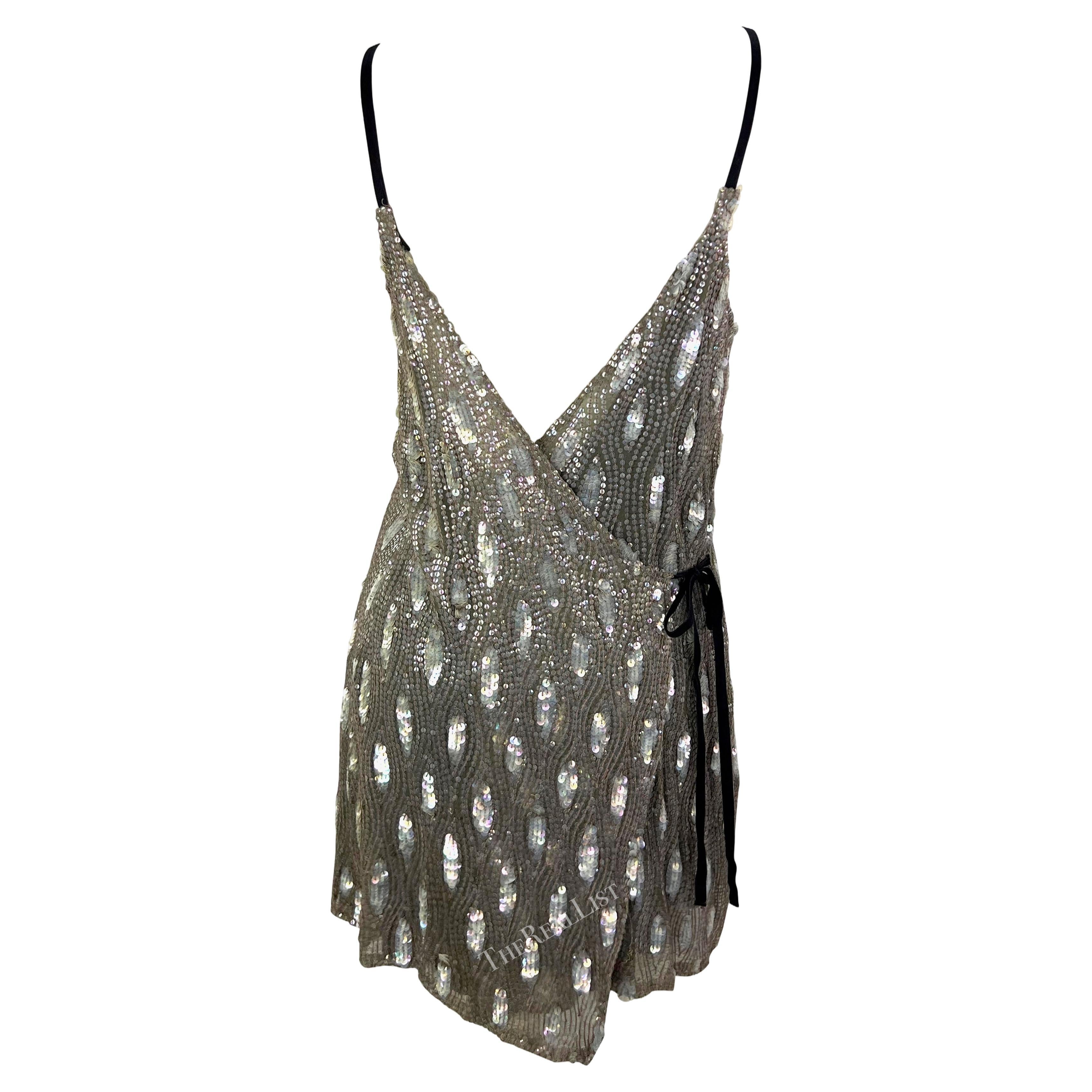 F/W 2002 Ann Demeulemeester Grey Sequin Abstract Wrap Mini Dress For Sale 3