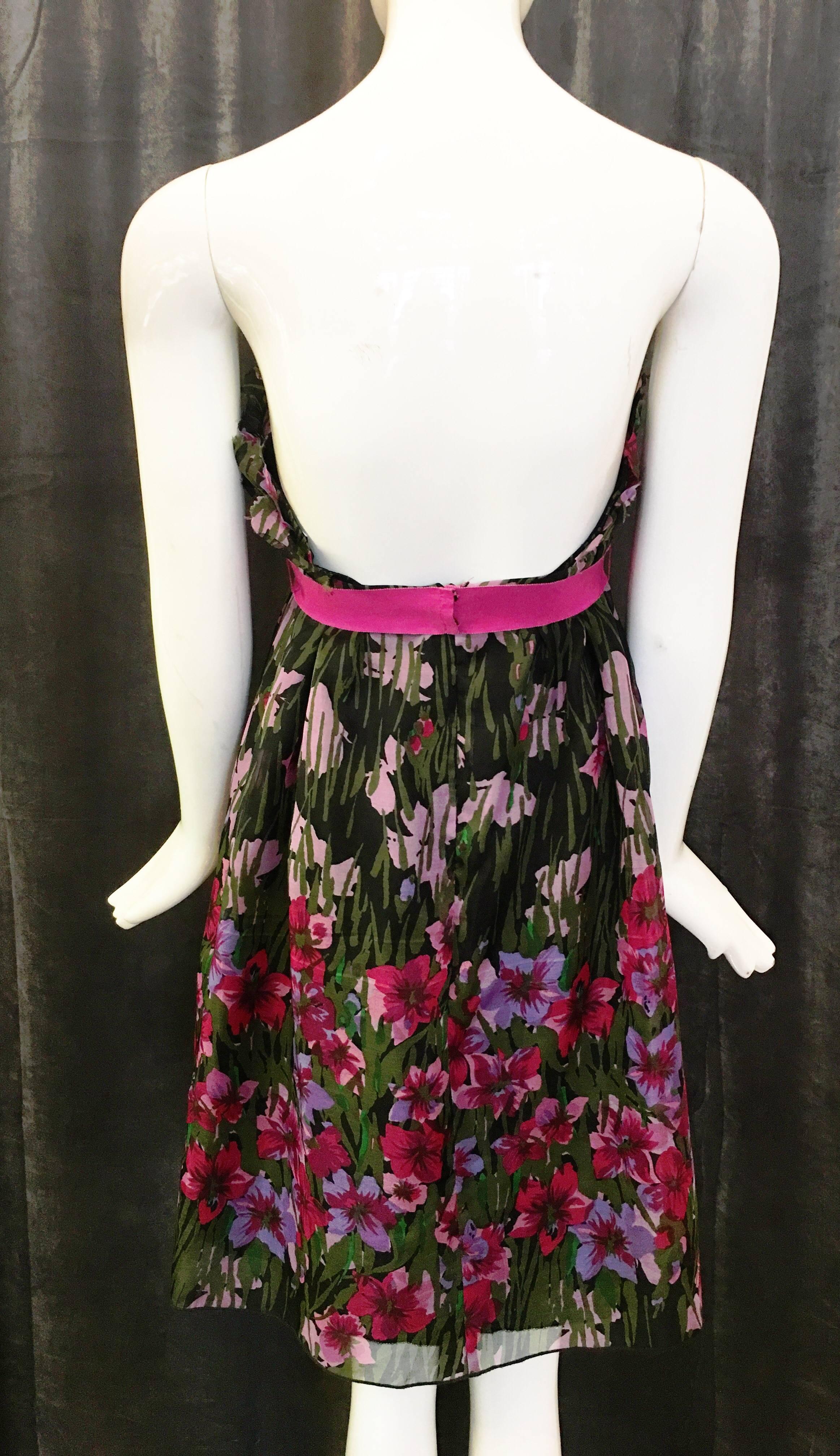 Black 1990s Anna Sui Strapless Floral Dress with Ribbon