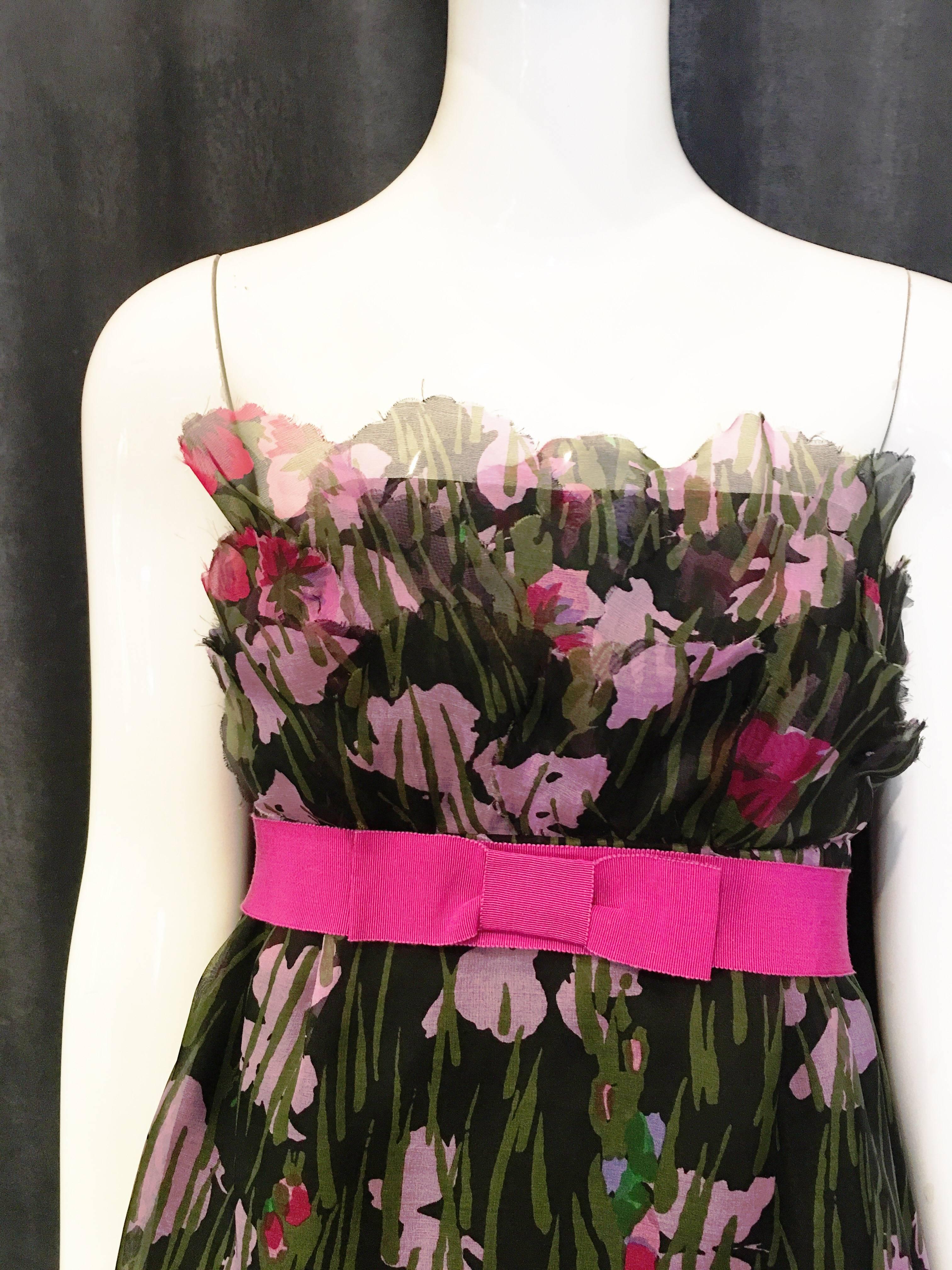 1990s Anna Sui Strapless Floral Dress with Ribbon In Excellent Condition In Brooklyn, NY
