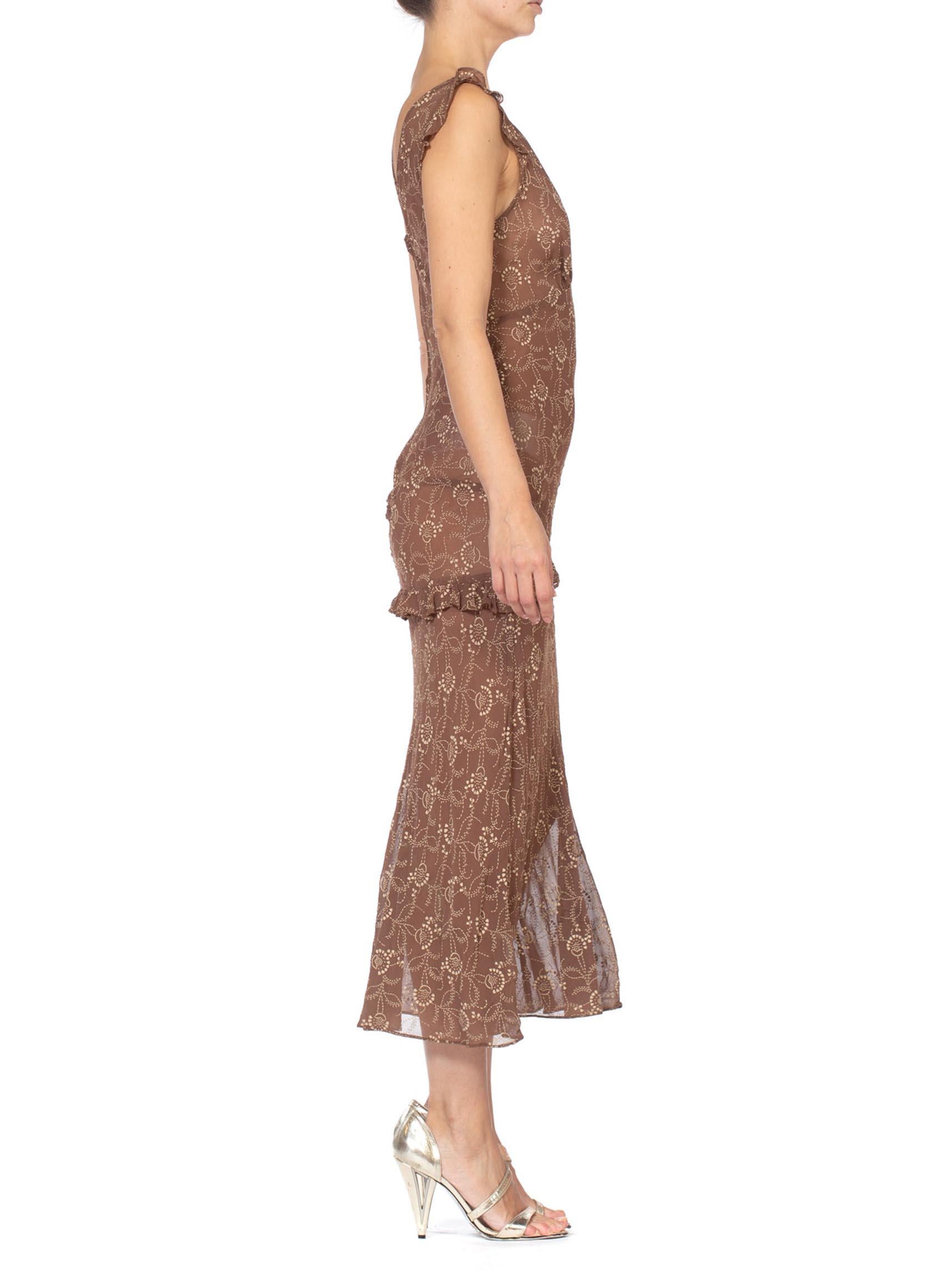 Brown 1990'S ANNA SUI Tan Sheer Viscose Chiffon Iconic Grunge Collection Floral Slip 