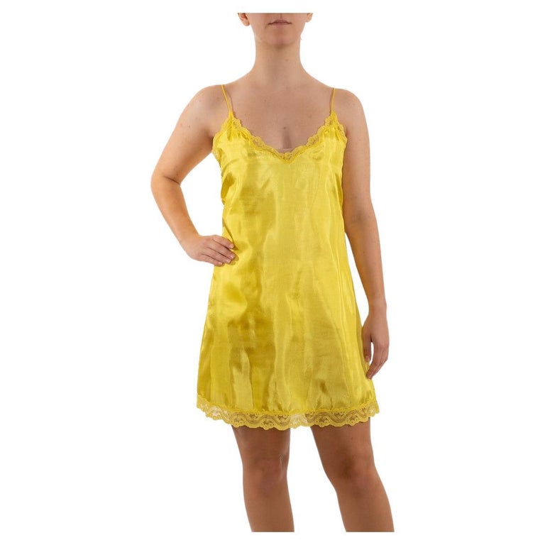 1990s Anna Sui Yellow Rayon Slip Dress With Lace