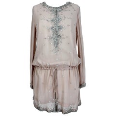 1990s Antik Batik Pink Powder Silk and Leather Sequins Kaftan Blouson Dress