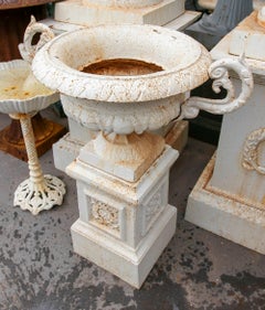 1990s Antique Finish Pair of White Cast Iron Urns with Ornate Handles