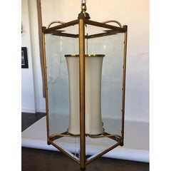 Lanterna in ferro dorato antico degli anni '90 con accenti in ottone e paralume interno in seta