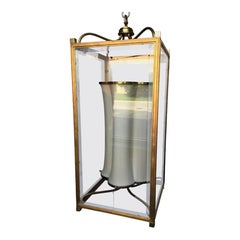 Lanterna in ferro dorato antico degli anni '90 con accenti in ottone e paralume interno in seta