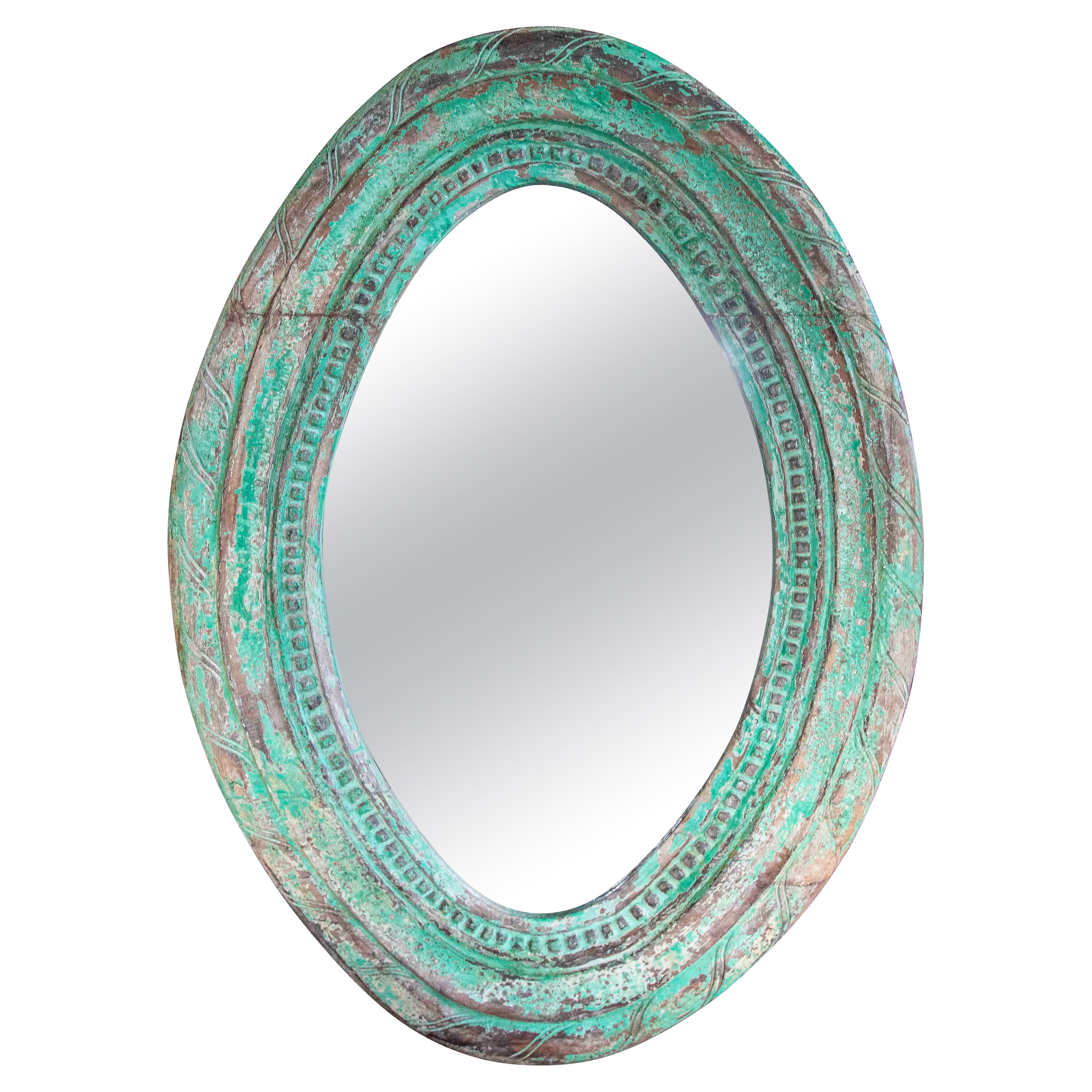 1990s Antique Oval Mirror with Carved Frame and Deep Green Patina