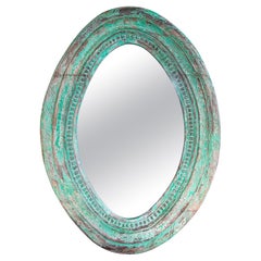 1990s Antique Oval Mirror with Carved Frame and Deep Green Patina