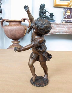 1990s Antique Sculpture of Putti in Patinated Bronze Child Figure