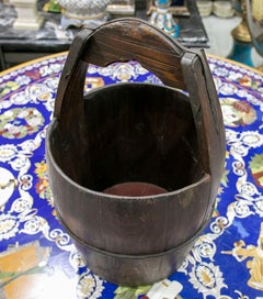 1990s Antique Solid Wood Bucket with Arched Handle