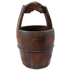 1990s Antique Solid Wood Bucket with Arched Handle