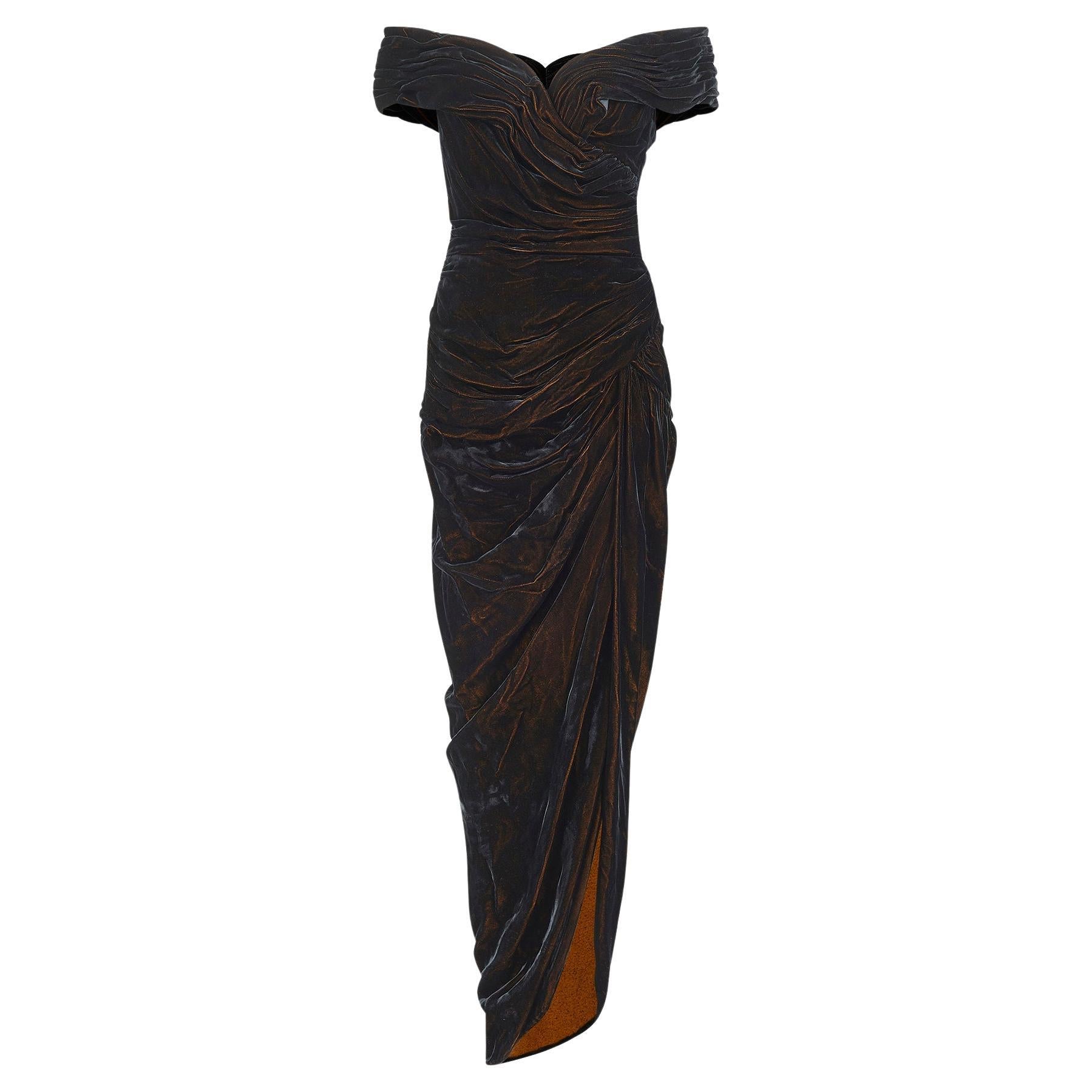 Años 90 Antony Price Couture Vestido de terciopelo acanalado bronce ennegrecido en venta