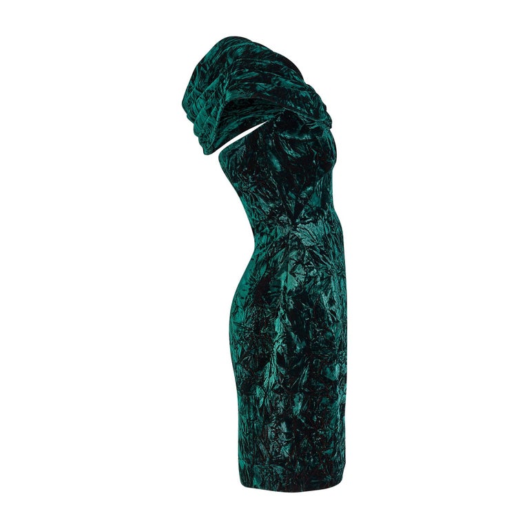 1990s Antony Price Forest Green Crushed Velvet Dress