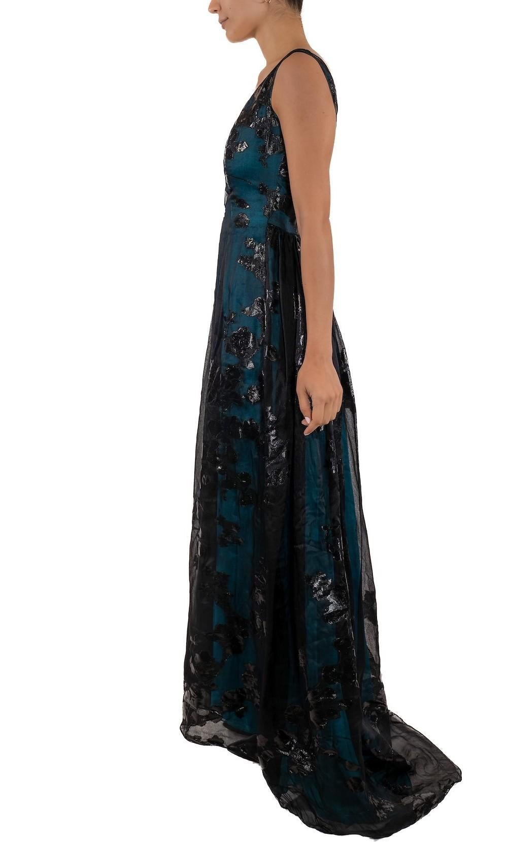 1990S Aqua Blue & Black Silk Lurex Matelassé Gauze Gown In Good Condition For Sale In New York, NY