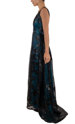 1990S Aqua Blue & Black Silk Lurex Matelassé Gauze Gown