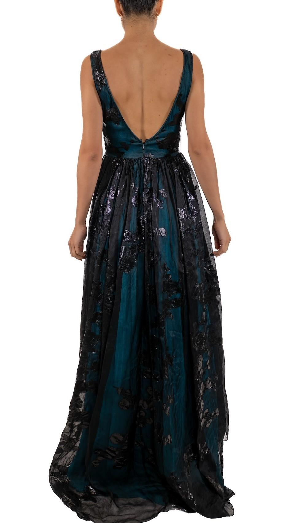 Women's 1990S Aqua Blue & Black Silk Lurex Matelassé Gauze Gown For Sale