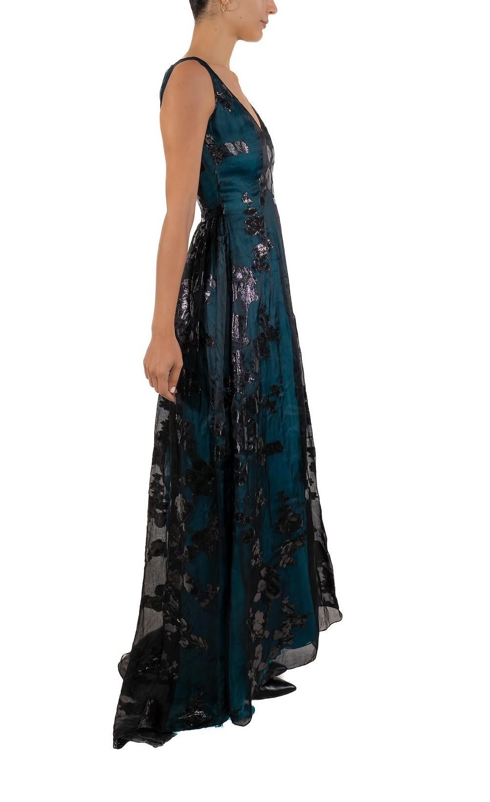 1990S Aqua Blue & Black Silk Lurex Matelassé Gauze Gown For Sale 1