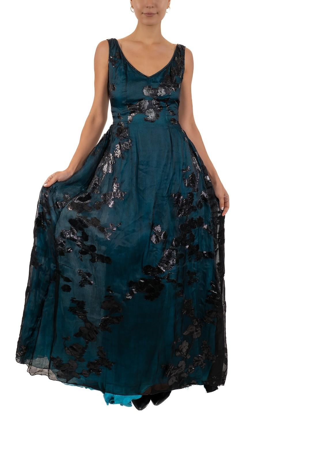 1990S Aqua Blue & Black Silk Lurex Matelassé Gauze Gown For Sale 2