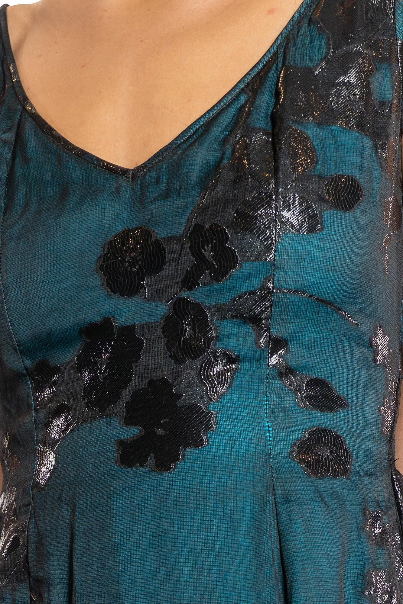 1990S Aqua Blue & Black Silk Lurex Matelassé Gauze Gown For Sale 5