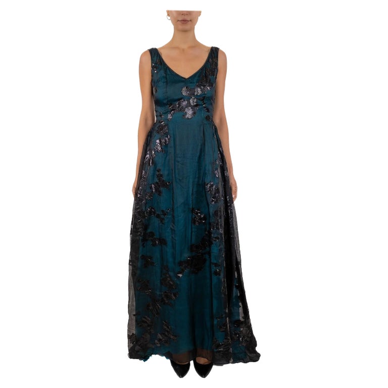 1990S Aqua Blue and Black Silk Lurex Matelass Gauze Gown For Sale at  1stDibs