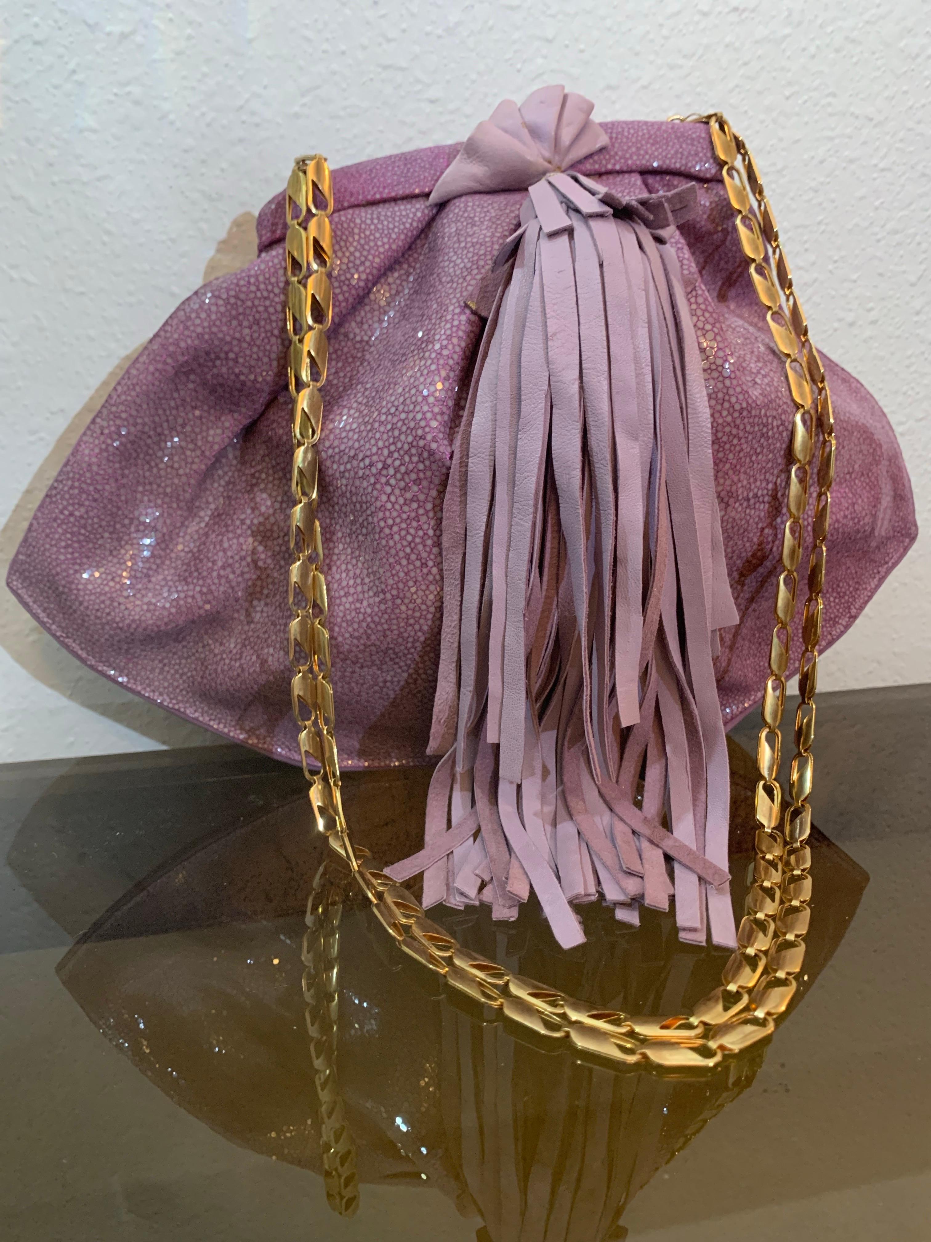 1990s Ares - Paris Lavender Genuine Shagreen Shoulder Bag w Leather Fringe For Sale 6