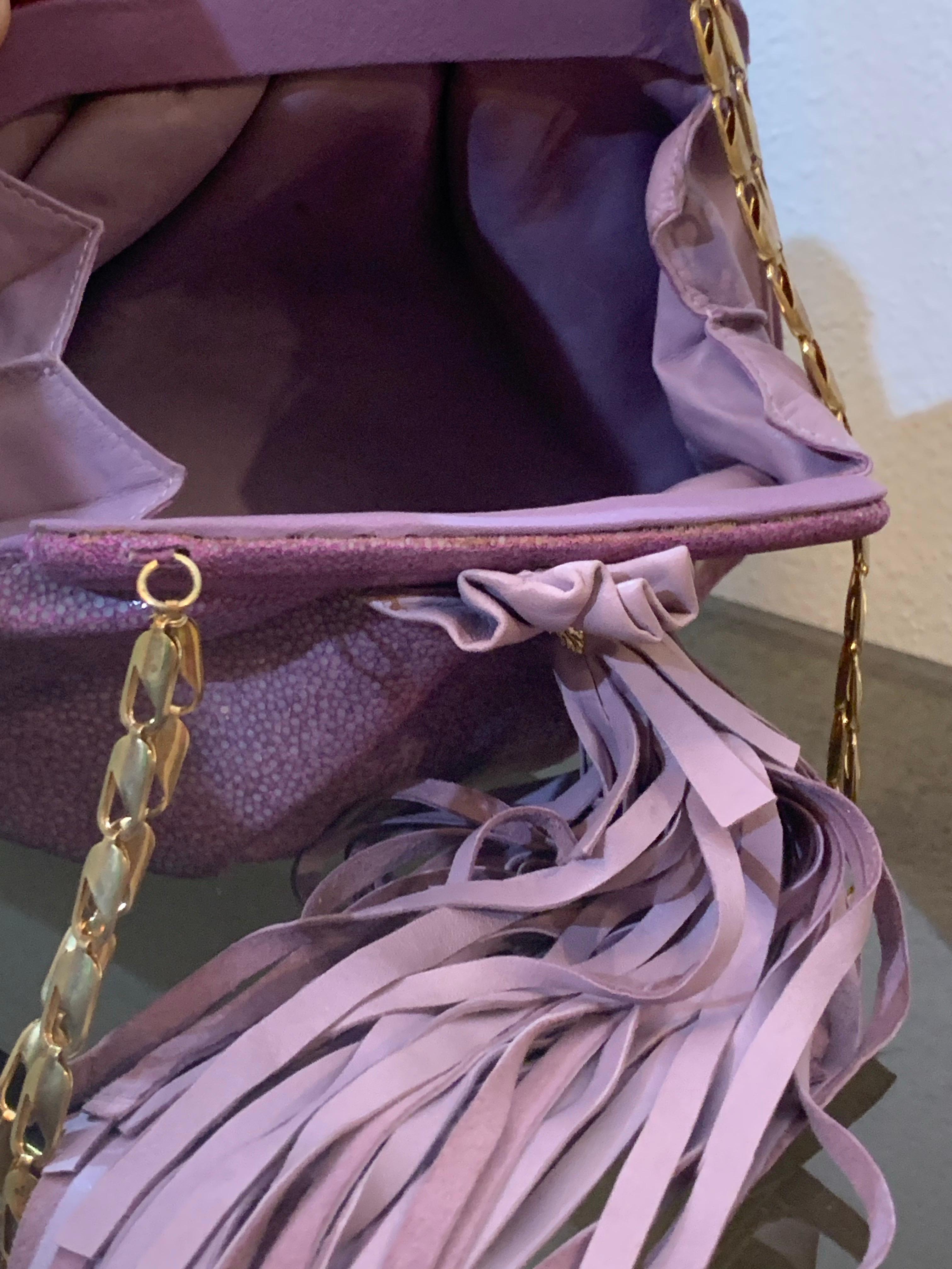 1990s Ares - Paris Lavender Genuine Shagreen Shoulder Bag w Leather Fringe For Sale 7